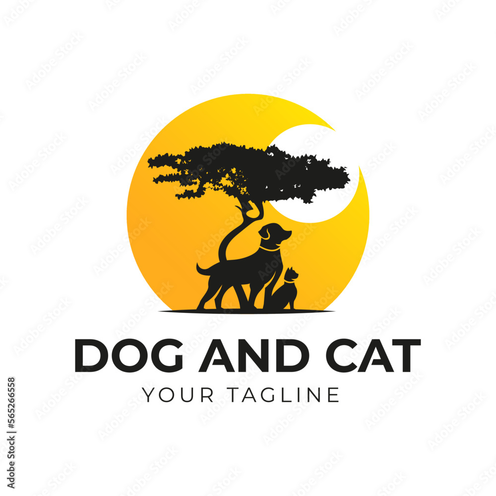 Acacia Tree with Dog and cat Silhouette for Safari Adventure. Sunrise Logo Design Vector