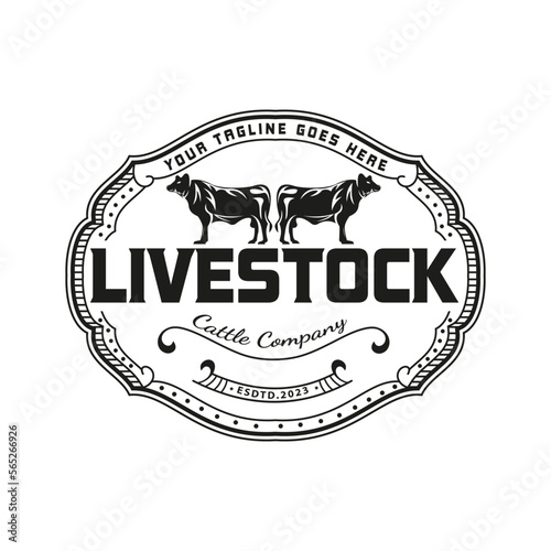Retro Vintage illustration of Livestock Beef Emblem Cattle logo label, Typography vector design stamp.