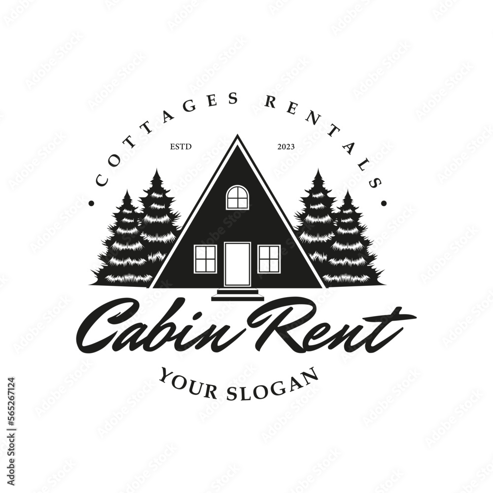 Obraz premium Wooden and pine forest vintage cabin design inspiration in circle vector isolated logo design. Outdoor adventure