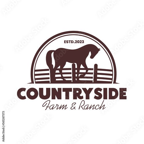 Silhouette illustration of a horse with a wooden fence for vintage retro rural western country farm ranch logo design