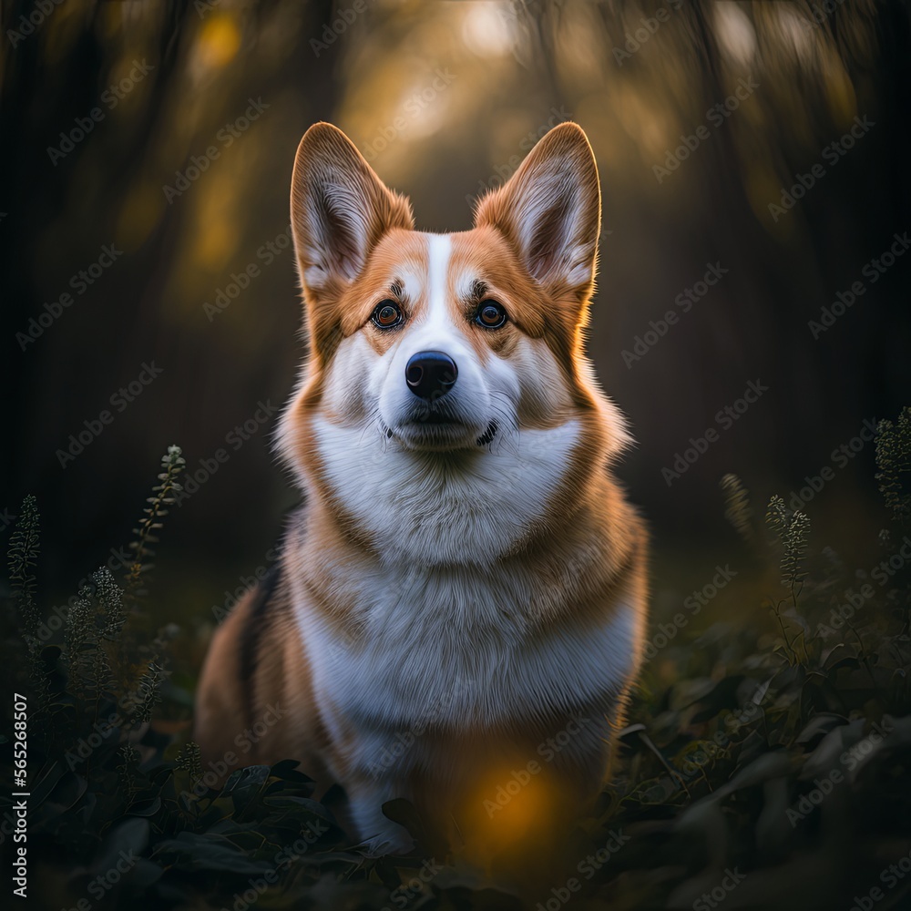 Pembroke Welsh Corgi at forest. Generative AI. Pembroke Welsh Corgi at forest. Generative AI.