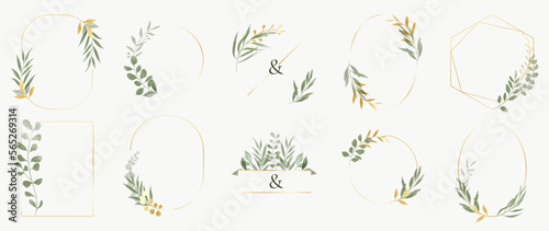 Set of luxury wedding frame element vector illustration. Watercolor botanical leaf branch wreath with elegant golden geometric frame template collection. Design for invitation card, poster, banner.
