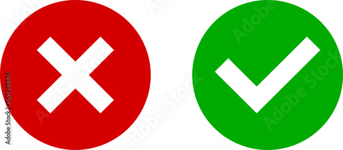 Yes and No or Right and Wrong or Approved and Declined Icons with Check Mark and X Signs with Shadow in Green and Red Circles. Vector Image.