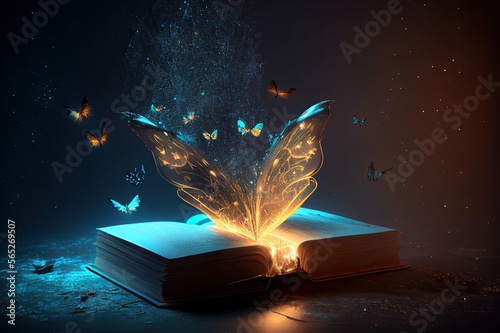a magic bible is opened and beautiful butterflies coming out of it, concept design, ai art, fantasy art, illustration