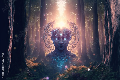 holy shiny entity of nature standing in a dense forest, illustration, ai art, character design