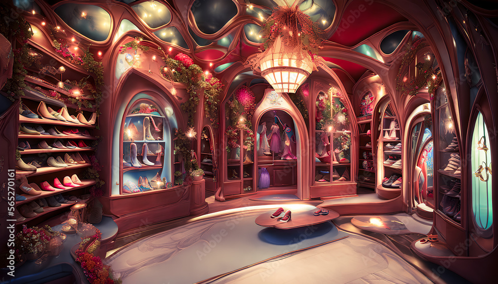 Obraz premium The painting depicts the interior of a magical fairy shoe store, adorned with decorative details and embellishments creating a whimsical and fantastical atmosphere. Generative AI