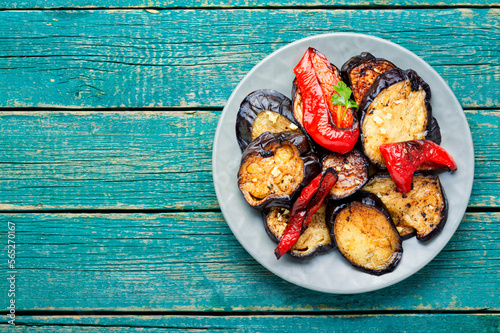 Grilled homemade vegetables, space for text