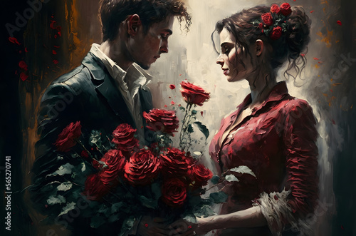 Couple Holding Hands and Looking Into Each Other's Eyes, with a Bouquet of Red Roses in the Foreground Painting - Generative AI