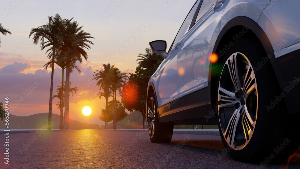 A white car is driving towards the sun, a concept for advertising. 3D render.