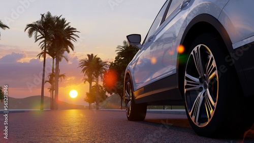 A white car is driving towards the sun, a concept for advertising. 3D render.