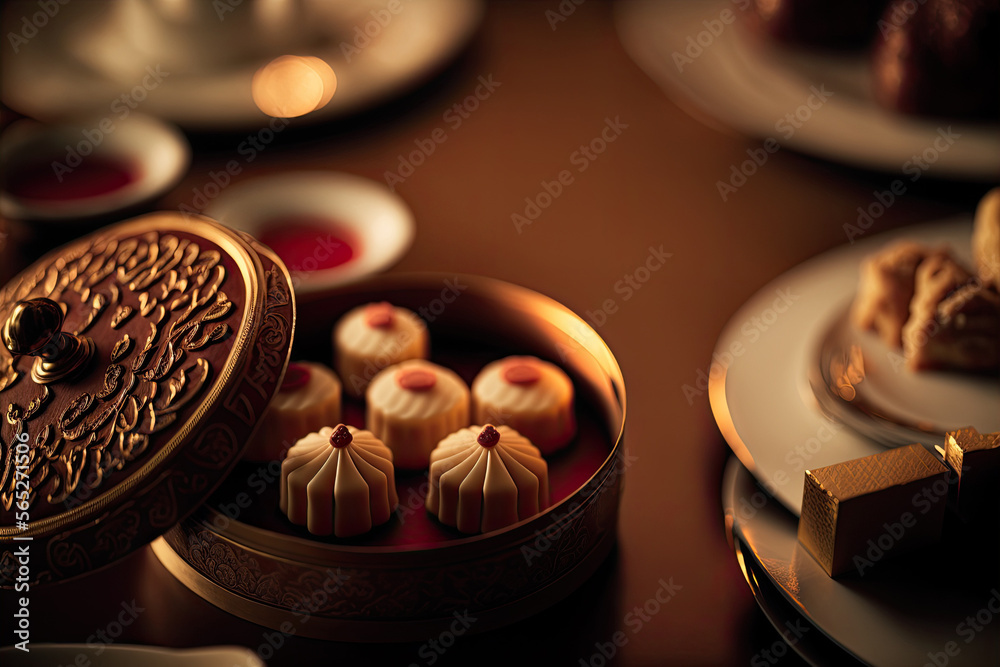 A celebratory Chinese occasion such as a festival or wedding, featuring traditional and delicately prepared Chinese sweets, confections, and appetizers. A celebratory Chinese occasion such as a festival or wedding, featuring traditional and delicately prepared Chinese sweets, confections, and appetizers.