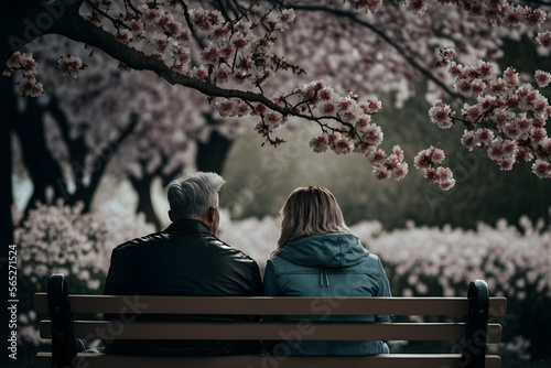 Couple Sitting on a Bench in a Park, With Cherry Blossoms in Full Bloom - Generative AI