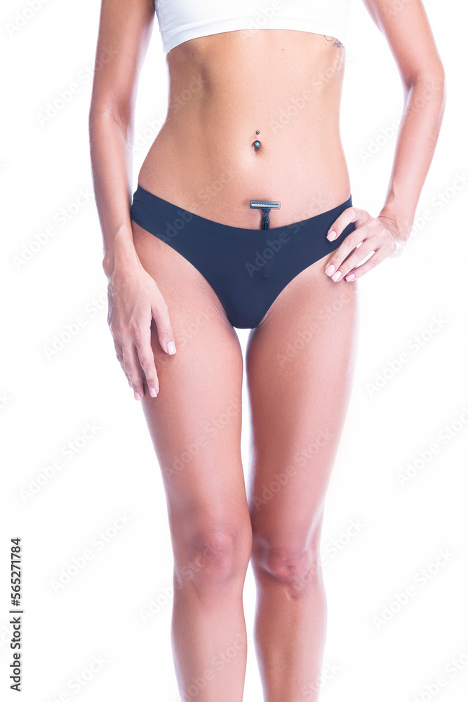 Female Healthcare Ideas. Caucasian Slim Woman With Perfect Fit Body While Putting Off Black Tonga Thong Off Her Buttocks With Manual Shaver Inside Over White