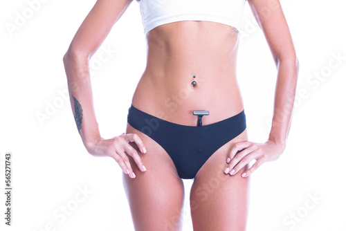 Female Healthcare Ideas. Caucasian Slim Woman With Perfect Fit Body While Putting Off Black Tonga Thong Off Her Buttocks With Manual Shaver Inside