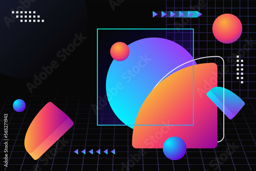 Abstract background composition of abstract neon liquid gradient geometric shapes with grid mesh, arrows, and dots decorative elements in tech futuristic style