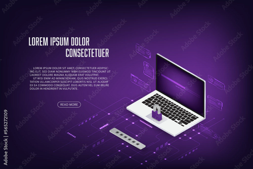 Vector isometric laptop cloud storage security with password concept Technology abstract background. Vector isometric laptop cloud storage security with password concept Technology abstract background.