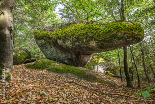 Seltsam geformter Stein Schnabelstein menschliche Steinbearbeitung der Schwerkraft trotzt aufrecht steht künstlich platziert an Kultstätte Wackelstein Regenstauf in Oberpfalz Bayern in Deutschland © stgrafix