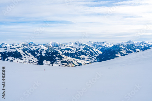 Wintry landscape in Austrian Alps in Kitzbuhel. Winter in Austria