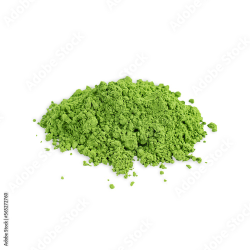 Heap of organic healthy matcha ground powder of green tea leaves which contains caffeine, theanine, tannin and vitamins used as ingredient of natural antioxidant drink isolated on white background