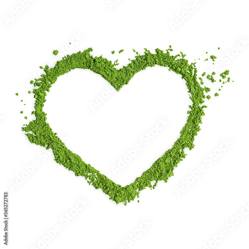 Top view of pile of healthy matcha ground powder of green tea leaves which contains caffeine, theanine, tannin and vitamins arranged in heart shape as ingredient of drink isolated on white background