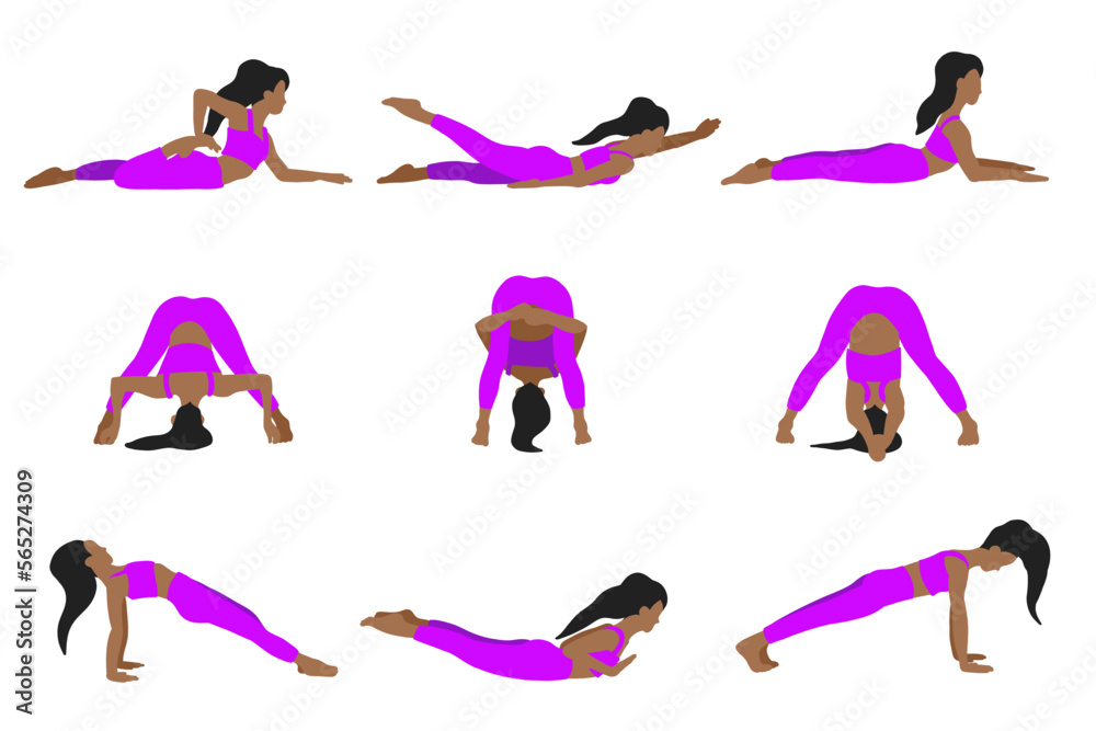 African American longhair woman. Yoga poses set in cartoon flat style ...