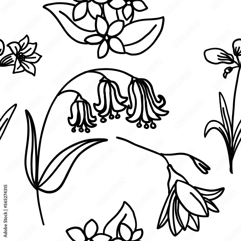 Obraz premium Seamless pattern with flowers in outline doodle style on a white background. Sketch for coloring.