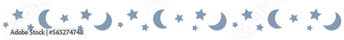 Seamless border garland with blue moons and stars. Can be used for cards, bedclothes. Isolated vector and PNG illustration on transparent background.