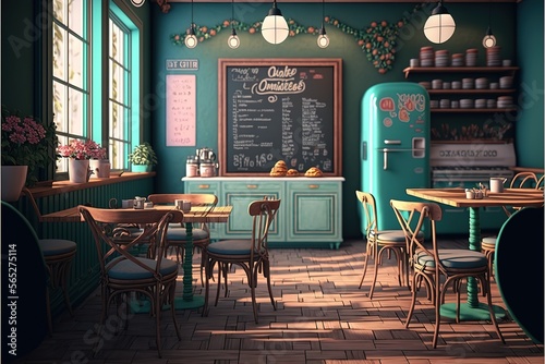 Fotomurale Cozy cafe interior, coffee shop Colorful cartoon modern illustration, good for your design