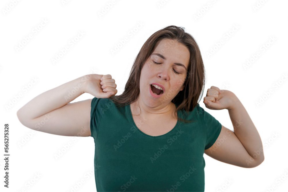 long-haired brunette woman yawning white background long-haired brunette woman yawning white background