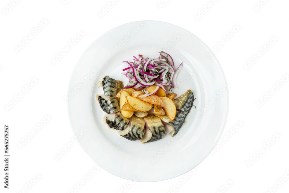 Smoked mackerel with onions and potatoes in a plate. Appetizing popular snack. Top view. Close-up. Isolated on white background. Smoked mackerel with onions and potatoes in a plate. Appetizing popular snack. Top view. Close-up. Isolated on white background.