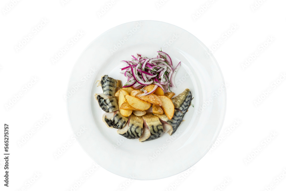 Smoked mackerel with onions and potatoes in a plate. Appetizing popular snack. Top view. Close-up. Isolated on white background.