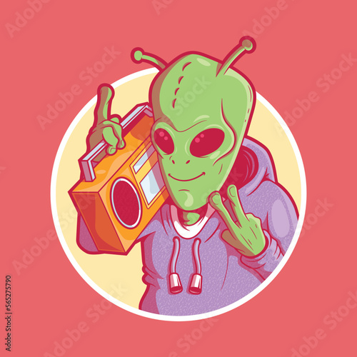 An alien character holding a boombox vector illustration. Space, music, funny design concept.