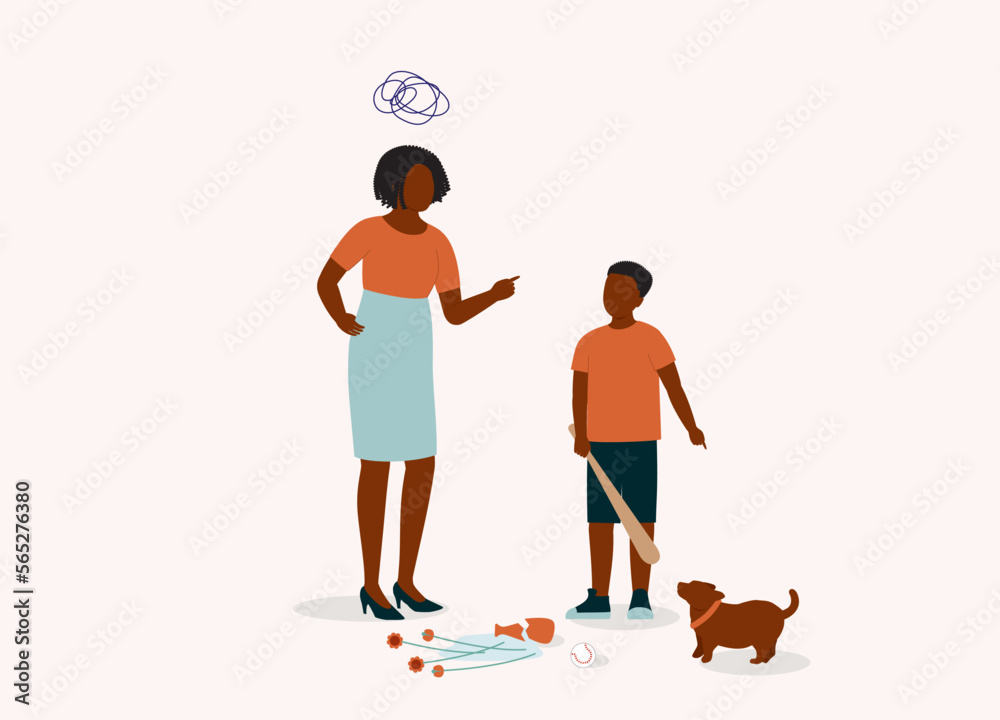 Dishonest Black Son With Baseball Bat Trying To Put The Blame On The Dog For Breaking Her Mother’s Flower Vase. Full Length. Flat Design Style, Character, Cartoon.