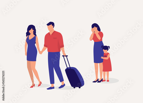 Disloyal Husband Leaving His Wife And Daughter For Another Woman. Wife Crying With Her Sad Daughter. Full Length. Flat Design Style, Character, Cartoon.
