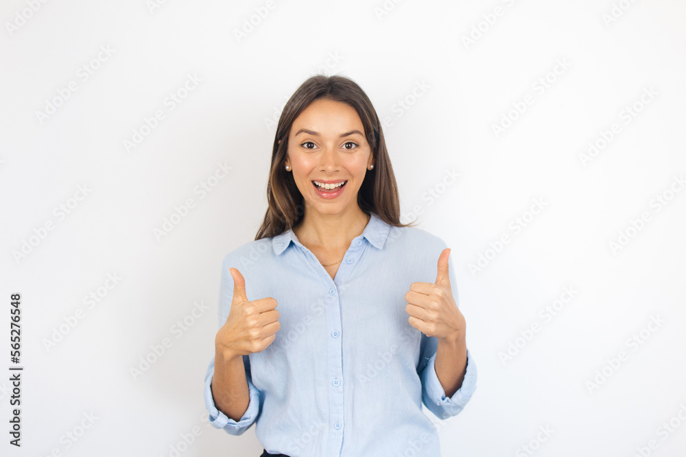 Business Woman Showing Thumbs Up Sign Approval Positive Cheerful Supportive Business Woman Showing Thumbs Up Sign Approval Positive Cheerful Supportive