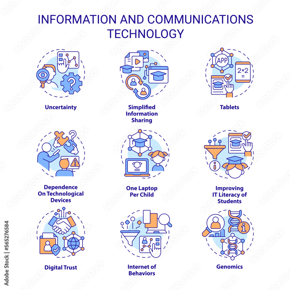 Information and communications technology concept icons set. ICT development idea thin line color illustrations. Isolated symbols. Editable stroke. Roboto-Medium, Myriad Pro-Bold fonts used