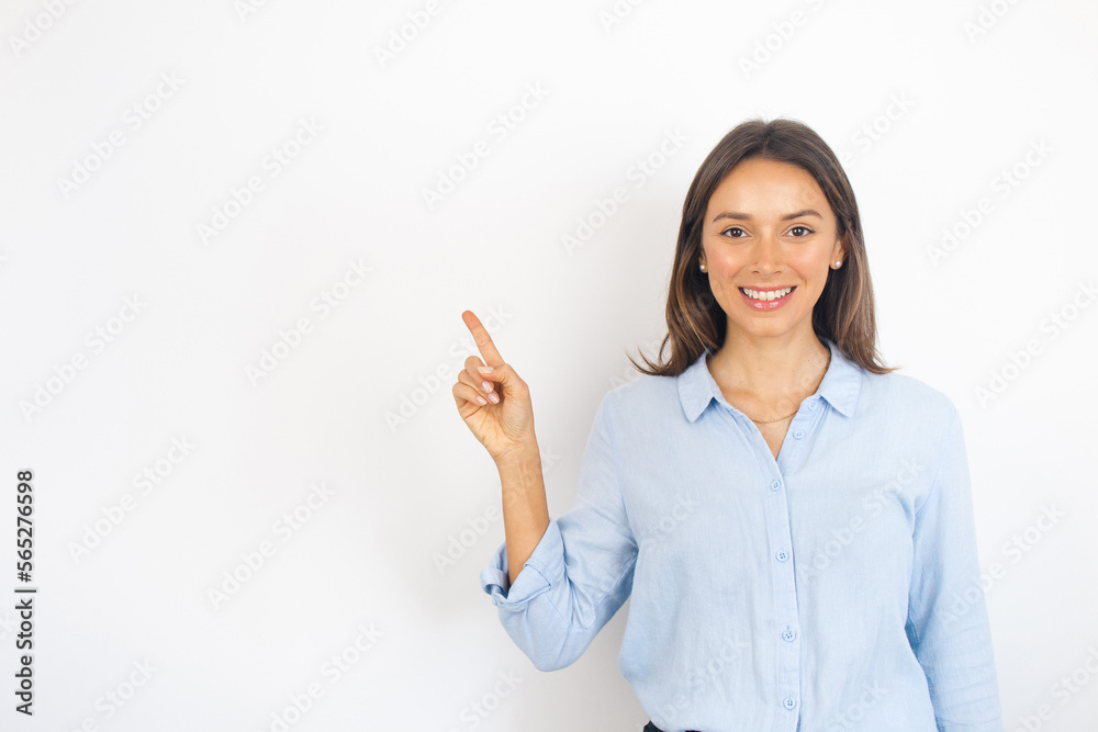 Portrait of a Business Woman Pointing Up Showing Displaying Drawing Attention Portrait of a Business Woman Pointing Up Showing Displaying Drawing Attention