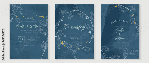 Luxury wedding invitation card background vector set. Botanical leaf branch line art with glittering gold brush texture background. Design illustration for wedding and vip cover template, banner.