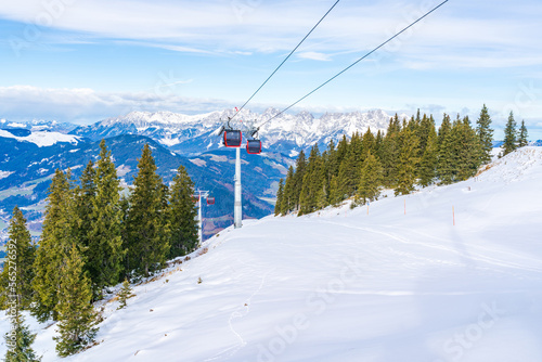 Mountain cable car on the Hahnenkamm mountain in Kitzbuhel, Austria