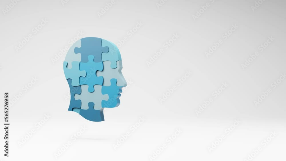 Blue Human Head Puzzle Shape Spinning on a Studio Light Gray Background, Seamless Loop 3D Animation with Copy Space Blue Human Head Puzzle Shape Spinning on a Studio Light Gray Background, Seamless Loop 3D Animation with Copy Space