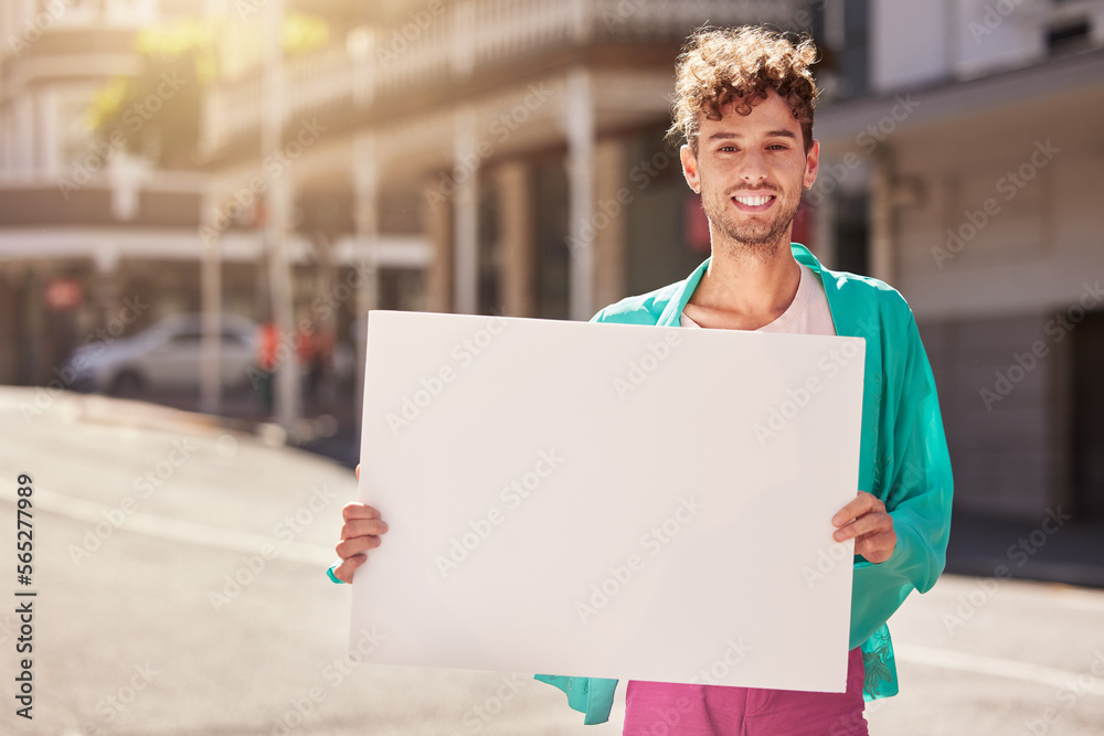Mockup, portrait and man with board, street and protest for human rights, social change and equality. Young person, male and protester with blank card, marching and in city with smile and activist Mockup, portrait and man with board, street and protest for human rights, social change and equality. Young person, male and protester with blank card, marching and in city with smile and activist