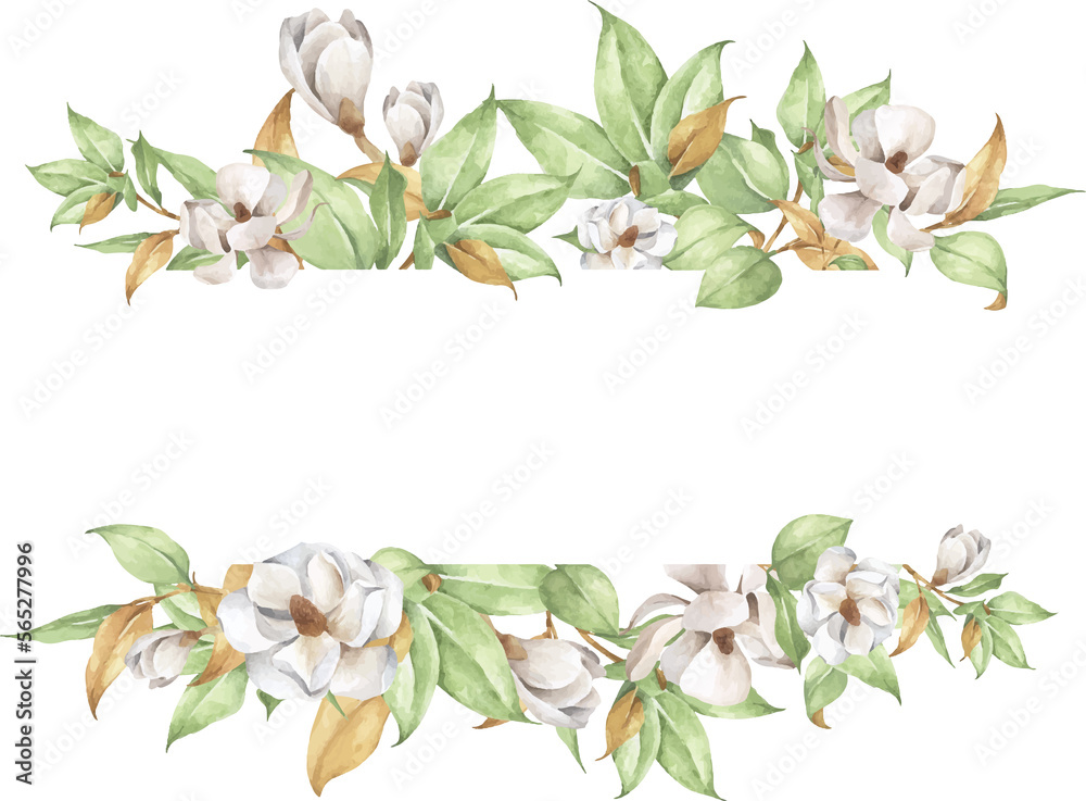 Watercolor hand painted banner with white flowers and branches.