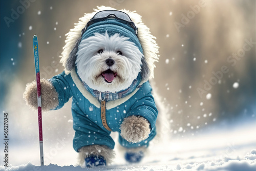 Cute havanese dog in a skui suit on the snow. Generative AI. photo
