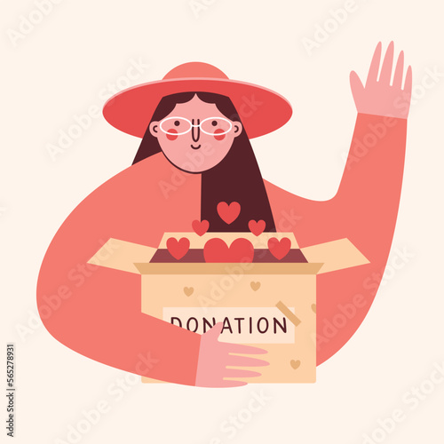 Modern flat illustration of woman volunteer with box for donation with hearts in hands. Cute clipart in with girl activist, which waving hello. Volunteering, supporting, humanism, charity conception. 