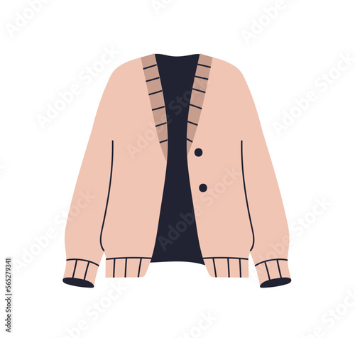 Cardigan, warm knitted casual clothes, garment. Cozy soft apparel with button...
