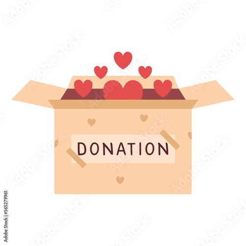 Open box for donation with label and hearts. Volunteering, supporting, humanism, charity conception.