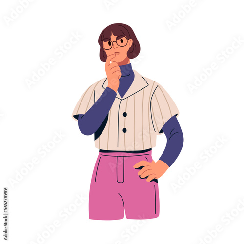Worried wondered woman thinking, doubting. Pensive unsure person in complicated thoughts, difficulty. Puzzled girl pondering, contemplating. Flat vector illustration isolated on white background