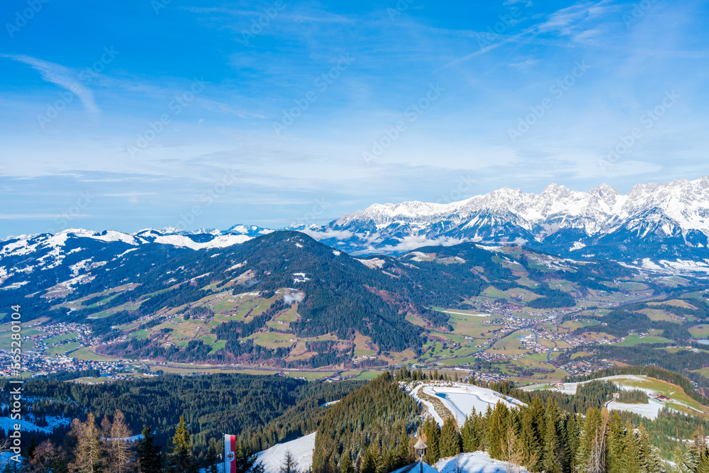 Aerial view of snow covered Alps and Kitzbuhel in Austria