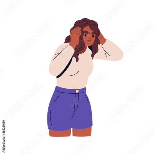 Worried anxious nervous woman wondering, grabbing head in shock, difficulty, trouble. Angry overwhelmed person with puzzled annoyed expression. Flat vector illustration isolated on white background