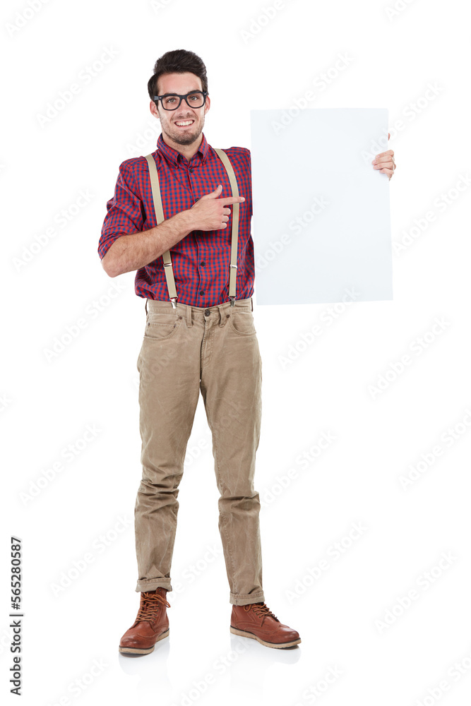 Businessman, portrait and pointing to blank, paper or billboard in studio, space and white background. Face, employee and man with advertising, poster and marketing mockup while standing isolated Businessman, portrait and pointing to blank, paper or billboard in studio, space and white background. Face, employee and man with advertising, poster and marketing mockup while standing isolated